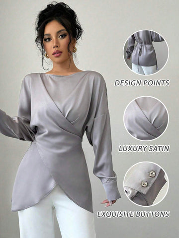 Women's Elegant Satin Off-Shoulder Asymmetrical Long Sleeve Blouse