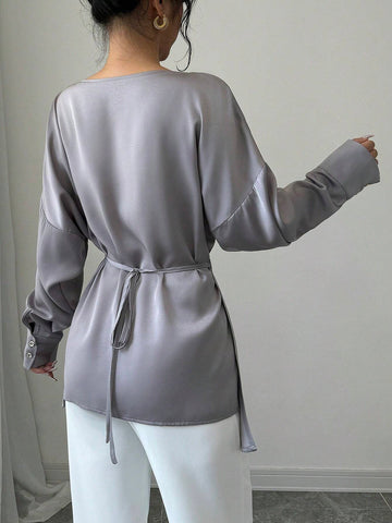 Women's Elegant Satin Off-Shoulder Asymmetrical Long Sleeve Blouse