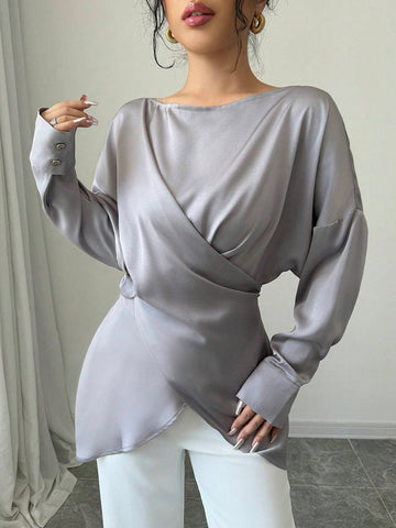 Women's Elegant Satin Off-Shoulder Asymmetrical Long Sleeve Blouse