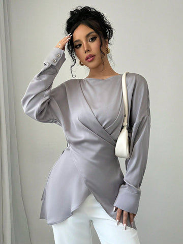 Women's Elegant Satin Off-Shoulder Asymmetrical Long Sleeve Blouse