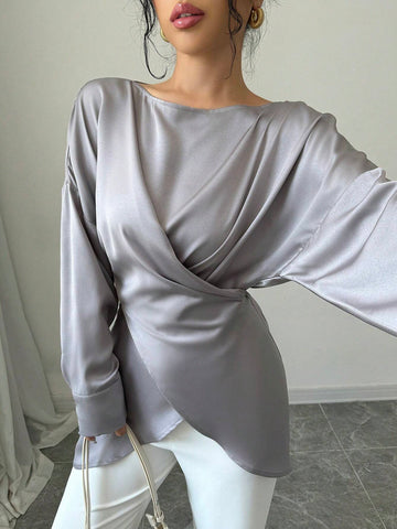 Women's Elegant Satin Off-Shoulder Asymmetrical Long Sleeve Blouse