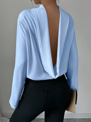 Women's Elegant Solid Color Backless Collar Long Sleeve Fitted Shirt, Autumn