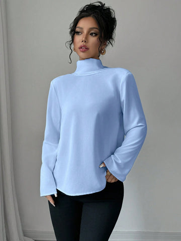 Women's Elegant Solid Color Backless Collar Long Sleeve Fitted Shirt, Autumn