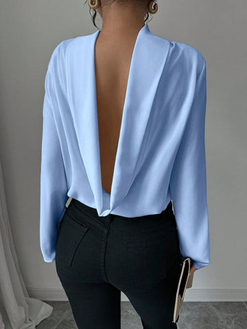Women's Elegant Solid Color Backless Collar Long Sleeve Fitted Shirt, Autumn