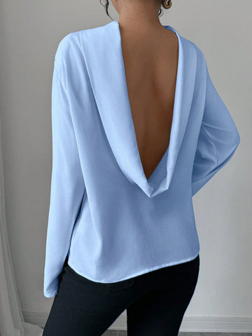 Women's Elegant Solid Color Backless Collar Long Sleeve Fitted Shirt, Autumn