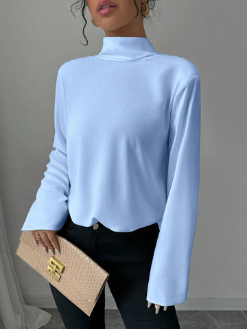 Women's Elegant Solid Color Backless Collar Long Sleeve Fitted Shirt, Autumn