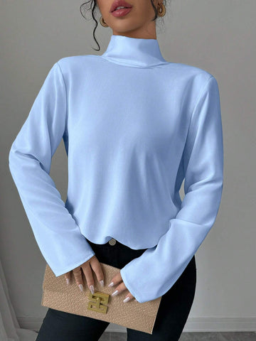 Women's Elegant Solid Color Backless Collar Long Sleeve Fitted Shirt, Autumn