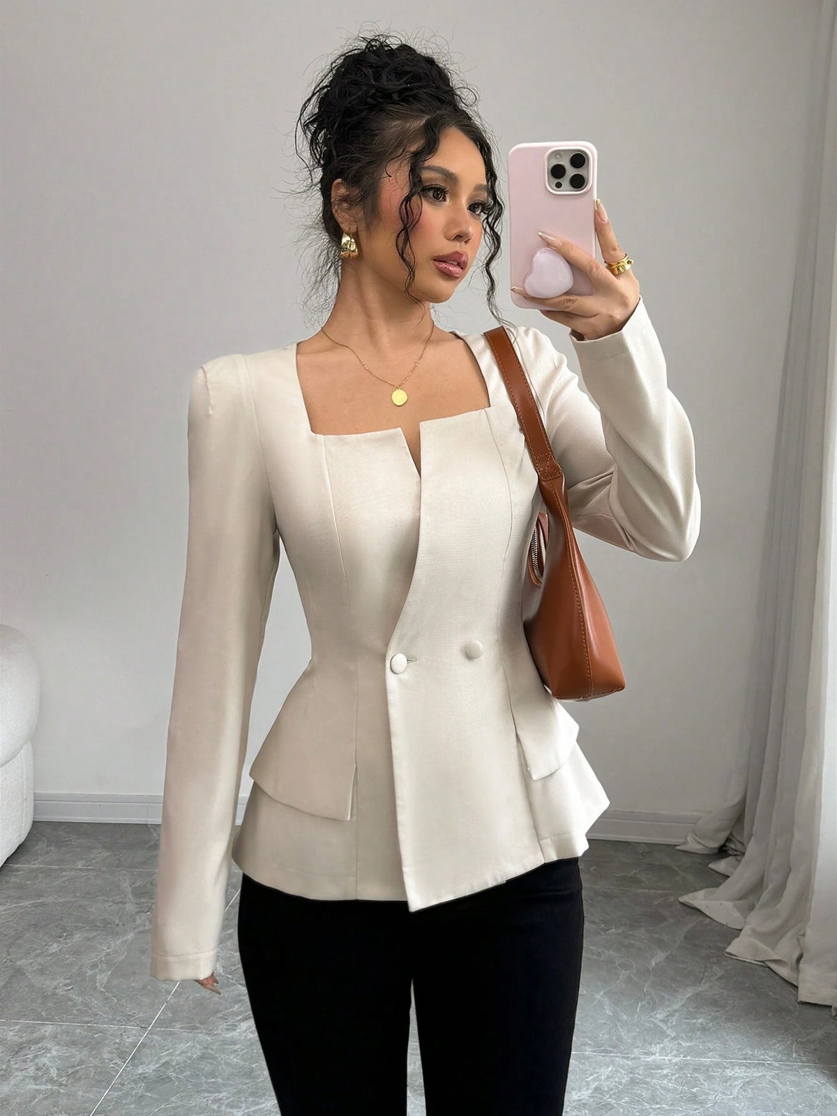 Women's Elegant Solid Color French Style Square Collar Double-Breasted Long Sleeve Shirt