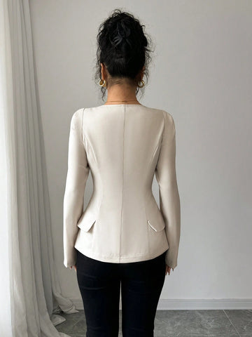 Women's Elegant Solid Color French Style Square Collar Double-Breasted Long Sleeve Shirt
