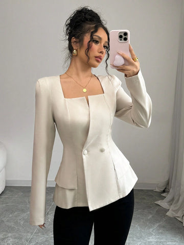 Women's Elegant Solid Color French Style Square Collar Double-Breasted Long Sleeve Shirt