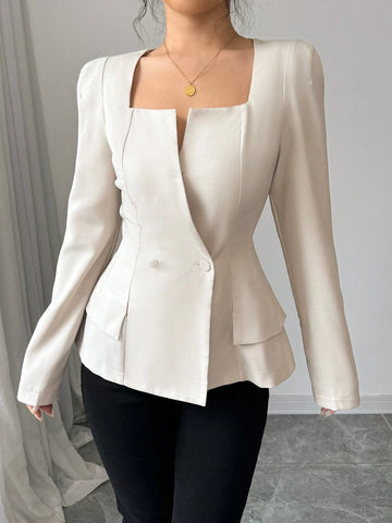 Women's Elegant Solid Color French Style Square Collar Double-Breasted Long Sleeve Shirt