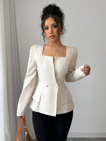 Women's Elegant Solid Color French Style Square Collar Double-Breasted Long Sleeve Shirt