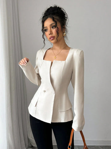 Women's Elegant Solid Color French Style Square Collar Double-Breasted Long Sleeve Shirt