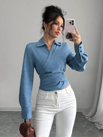 Women's Elegant Wrap Tie Long Sleeve Blouse, Suitable For Commuting, Autumn/Winter