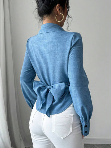 Women's Elegant Wrap Tie Long Sleeve Blouse, Suitable For Commuting, Autumn/Winter