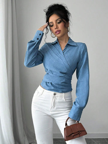 Women's Elegant Wrap Tie Long Sleeve Blouse, Suitable For Commuting, Autumn/Winter