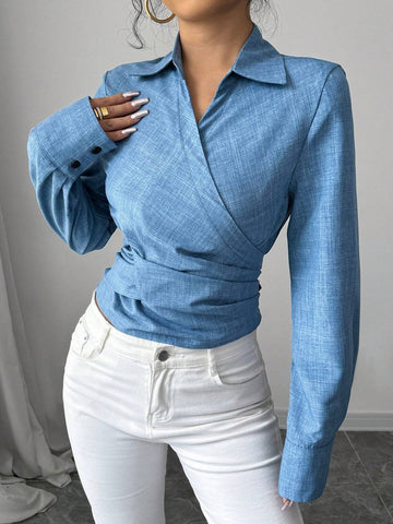 Women's Elegant Wrap Tie Long Sleeve Blouse, Suitable For Commuting, Autumn/Winter