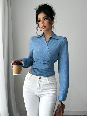 Women's Elegant Wrap Tie Long Sleeve Blouse, Suitable For Commuting, Autumn/Winter