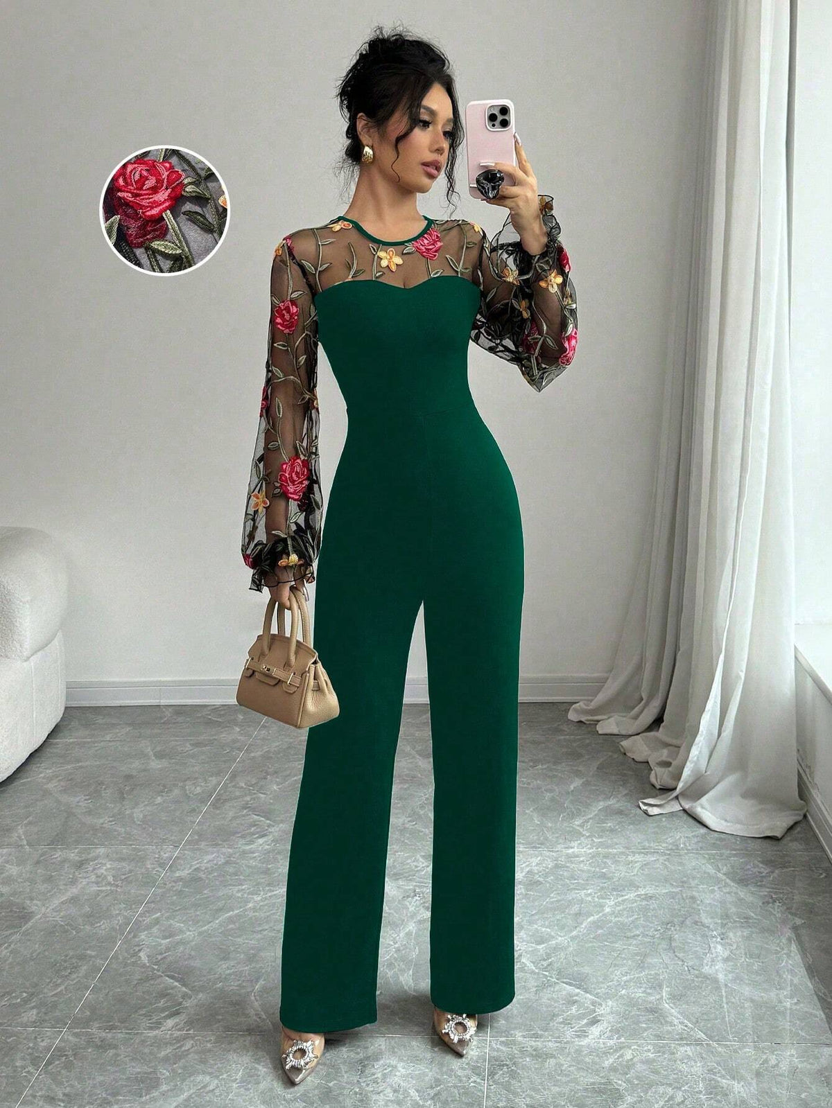 Women's Floral Embroidery Round Neck Mesh Patchwork Elegant Long Sleeve Jumpsuit