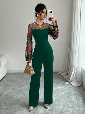 Women's Floral Embroidery Round Neck Mesh Patchwork Elegant Long Sleeve Jumpsuit