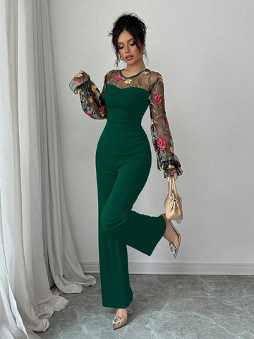 Women's Floral Embroidery Round Neck Mesh Patchwork Elegant Long Sleeve Jumpsuit