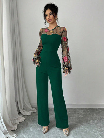 Women's Floral Embroidery Round Neck Mesh Patchwork Elegant Long Sleeve Jumpsuit