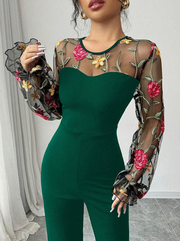 Women's Floral Embroidery Round Neck Mesh Patchwork Elegant Long Sleeve Jumpsuit