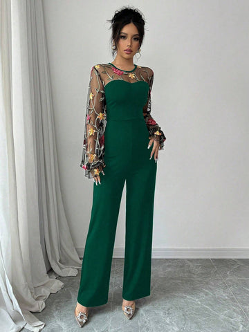 Women's Floral Embroidery Round Neck Mesh Patchwork Elegant Long Sleeve Jumpsuit