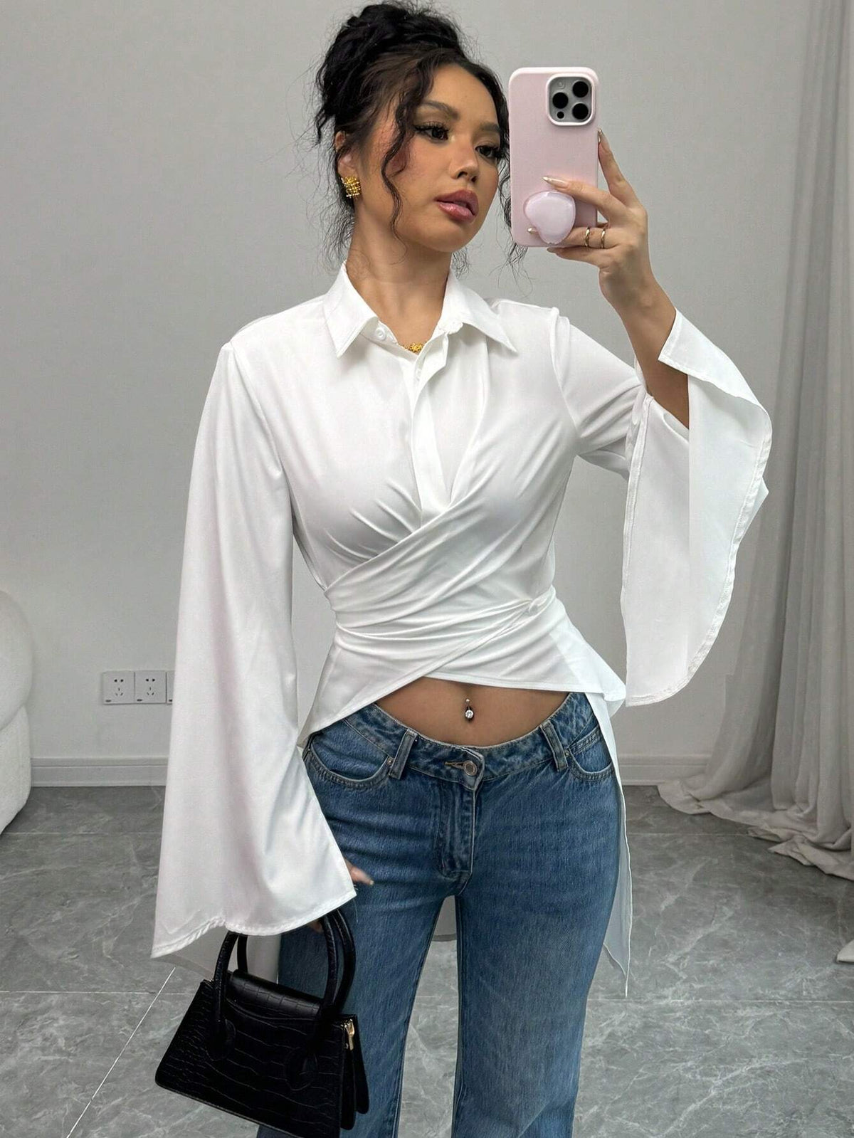 Elenzya Women's Long Sleeve Crossover Front Shirt