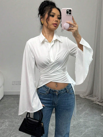 Elenzya Women's Long Sleeve Crossover Front Shirt