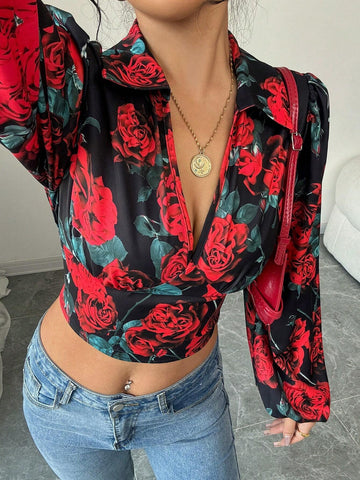 Women's New Year Party Floral Print V-Neck Puff Sleeve Gathered Waist Blouse