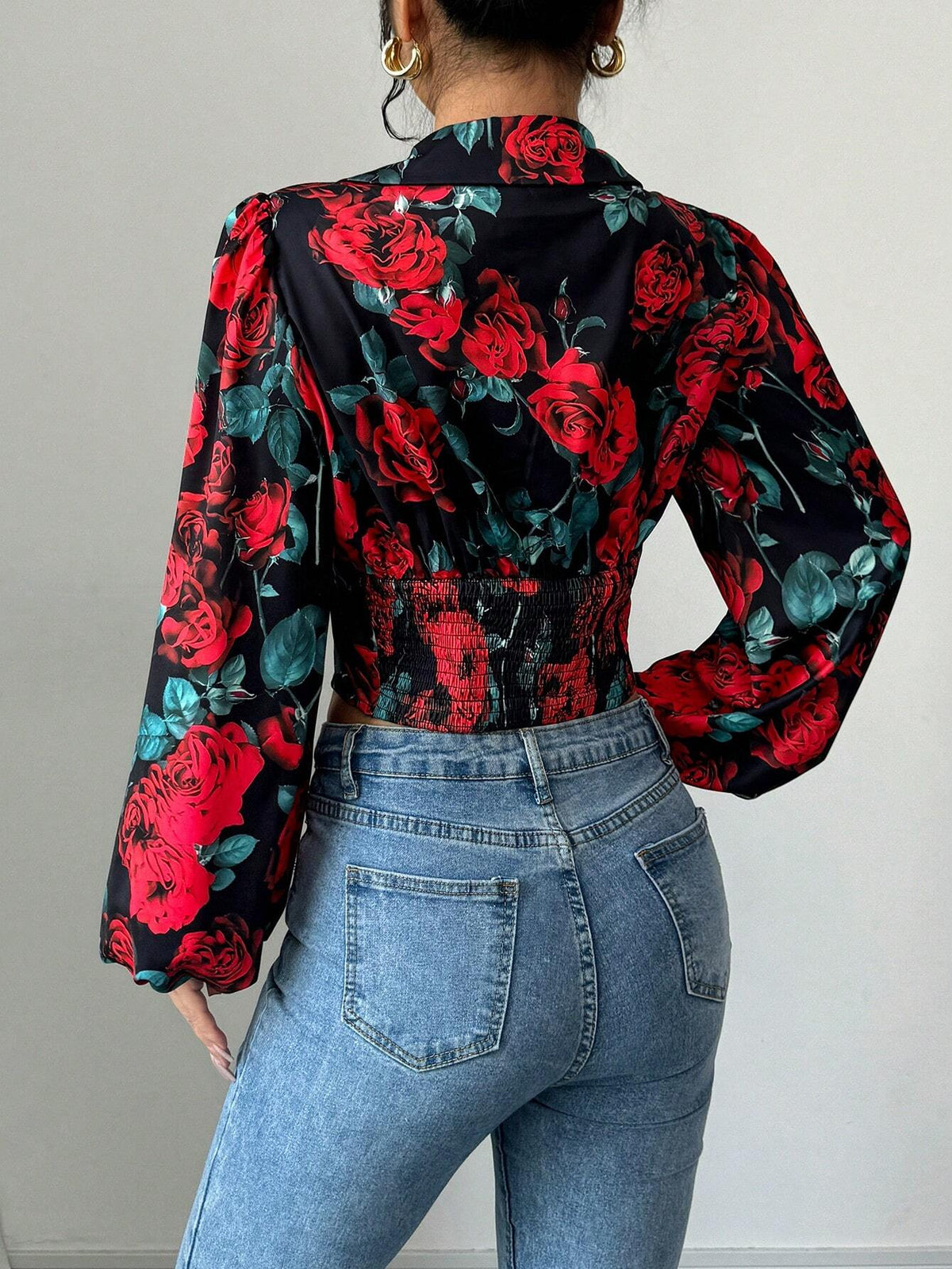 Women's New Year Party Floral Print V-Neck Puff Sleeve Gathered Waist Blouse