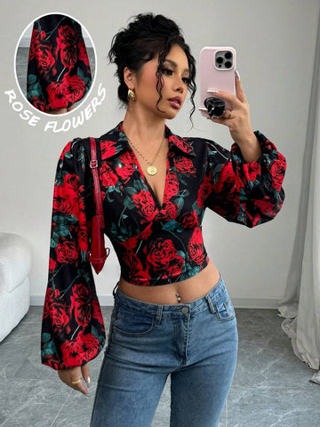 Women's New Year Party Floral Print V-Neck Puff Sleeve Gathered Waist Blouse