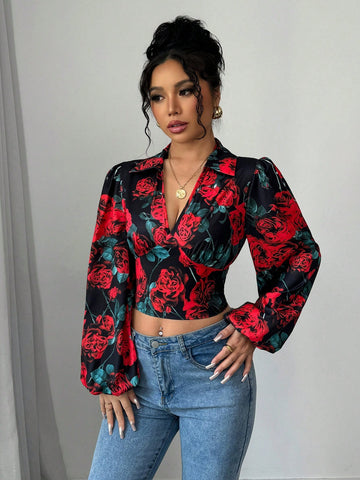 Women's New Year Party Floral Print V-Neck Puff Sleeve Gathered Waist Blouse