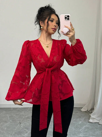 Women's Red Chiffon Cut-Out Rose Pattern Long Sleeve Blouse Peplum Top