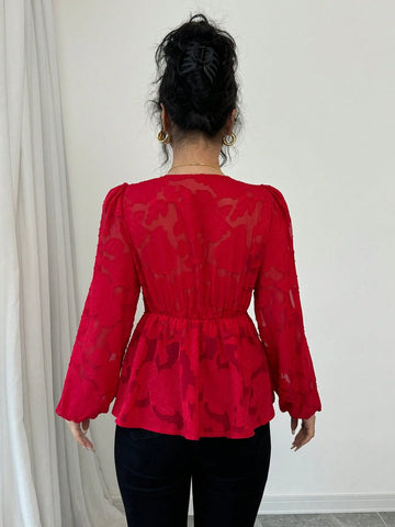 Women's Red Chiffon Cut-Out Rose Pattern Long Sleeve Blouse Peplum Top