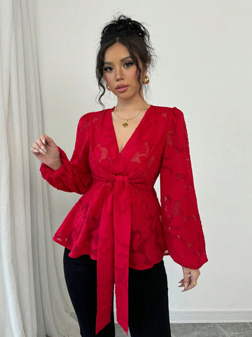 Women's Red Chiffon Cut-Out Rose Pattern Long Sleeve Blouse Peplum Top