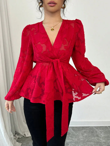 Women's Red Chiffon Cut-Out Rose Pattern Long Sleeve Blouse Peplum Top
