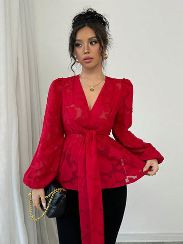 Women's Red Chiffon Cut-Out Rose Pattern Long Sleeve Blouse Peplum Top