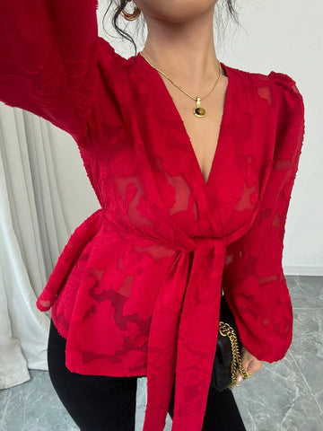 Women's Red Chiffon Cut-Out Rose Pattern Long Sleeve Blouse Peplum Top