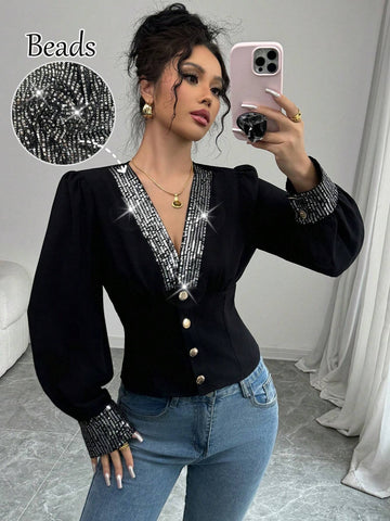 Elenzya Women's Sequin Patchwork V-Neck Puff Sleeve Elegant Blouse