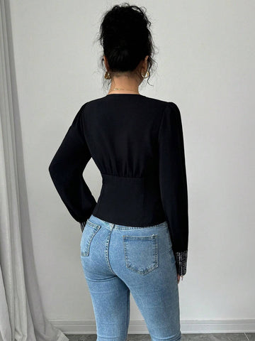 Elenzya Women's Sequin Patchwork V-Neck Puff Sleeve Elegant Blouse