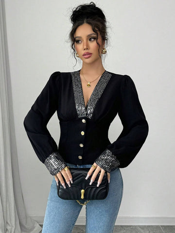 Elenzya Women's Sequin Patchwork V-Neck Puff Sleeve Elegant Blouse