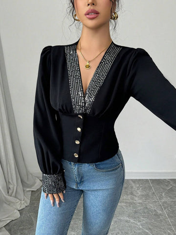 Elenzya Women's Sequin Patchwork V-Neck Puff Sleeve Elegant Blouse