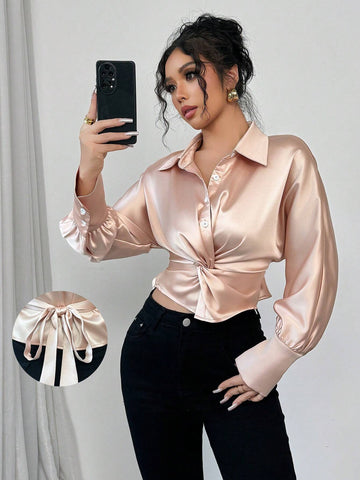 Women's Simple Elegant Solid Color Twist Knot Shirt For Commuting