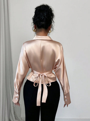 Women's Simple Elegant Solid Color Twist Knot Shirt For Commuting