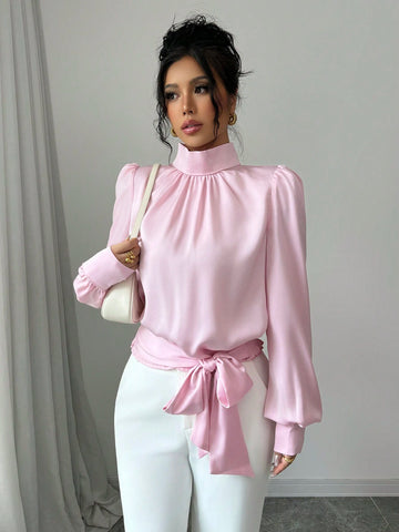 Women's Small Mock Neck Waist Tie Bow Long Sleeve Blouse