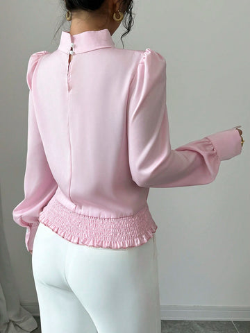 Women's Small Mock Neck Waist Tie Bow Long Sleeve Blouse