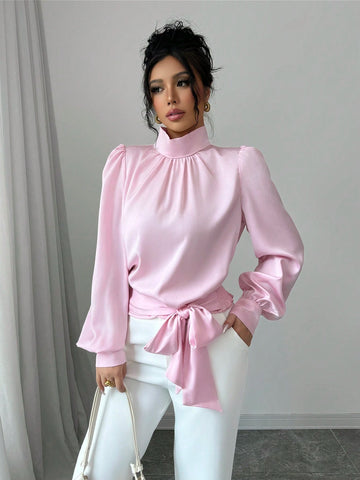Women's Small Mock Neck Waist Tie Bow Long Sleeve Blouse