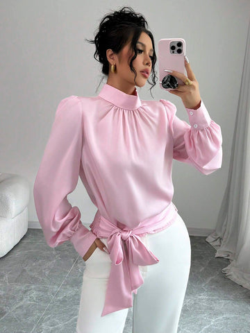 Women's Small Mock Neck Waist Tie Bow Long Sleeve Blouse
